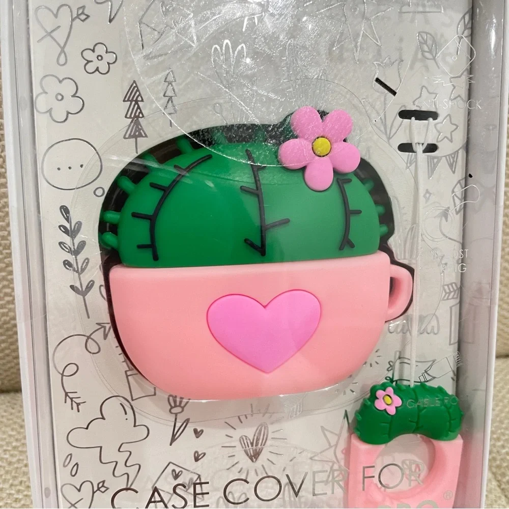 NEW Cactus Teacup Silicone Case Cover for Apple AirPods Pro Pink Green with Ring